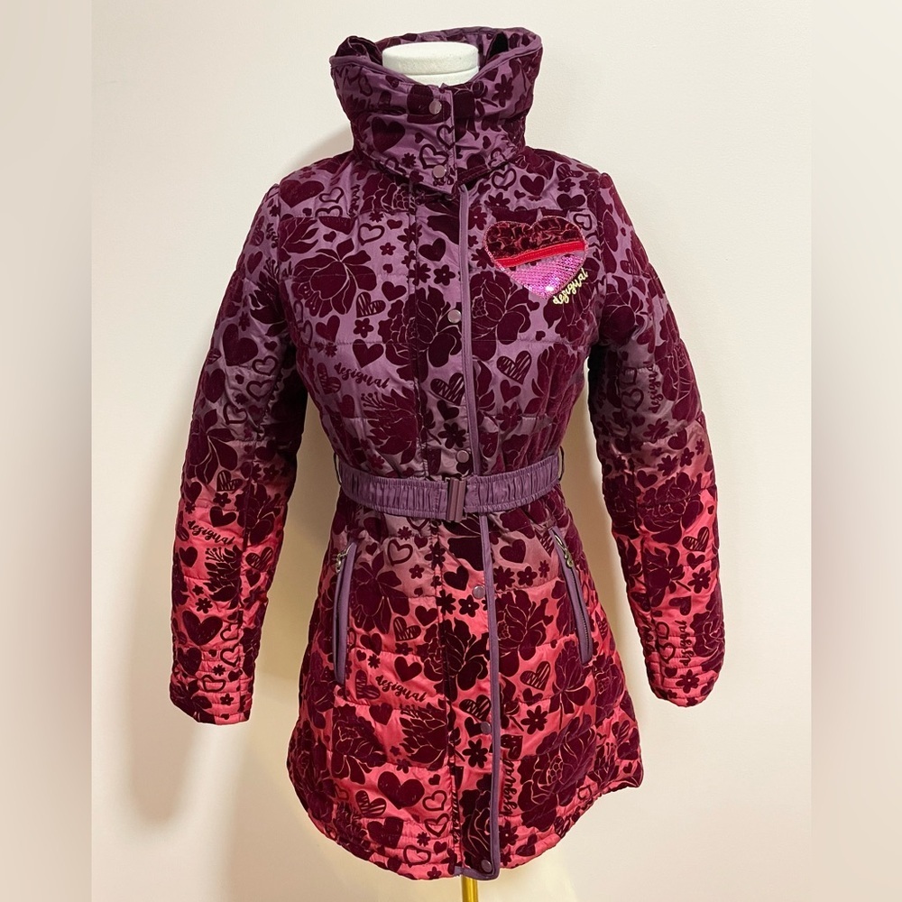 DESIGUAL Youth Designer Purple & Maroon Ombre Jacket Belted Hooded Trench 13/14